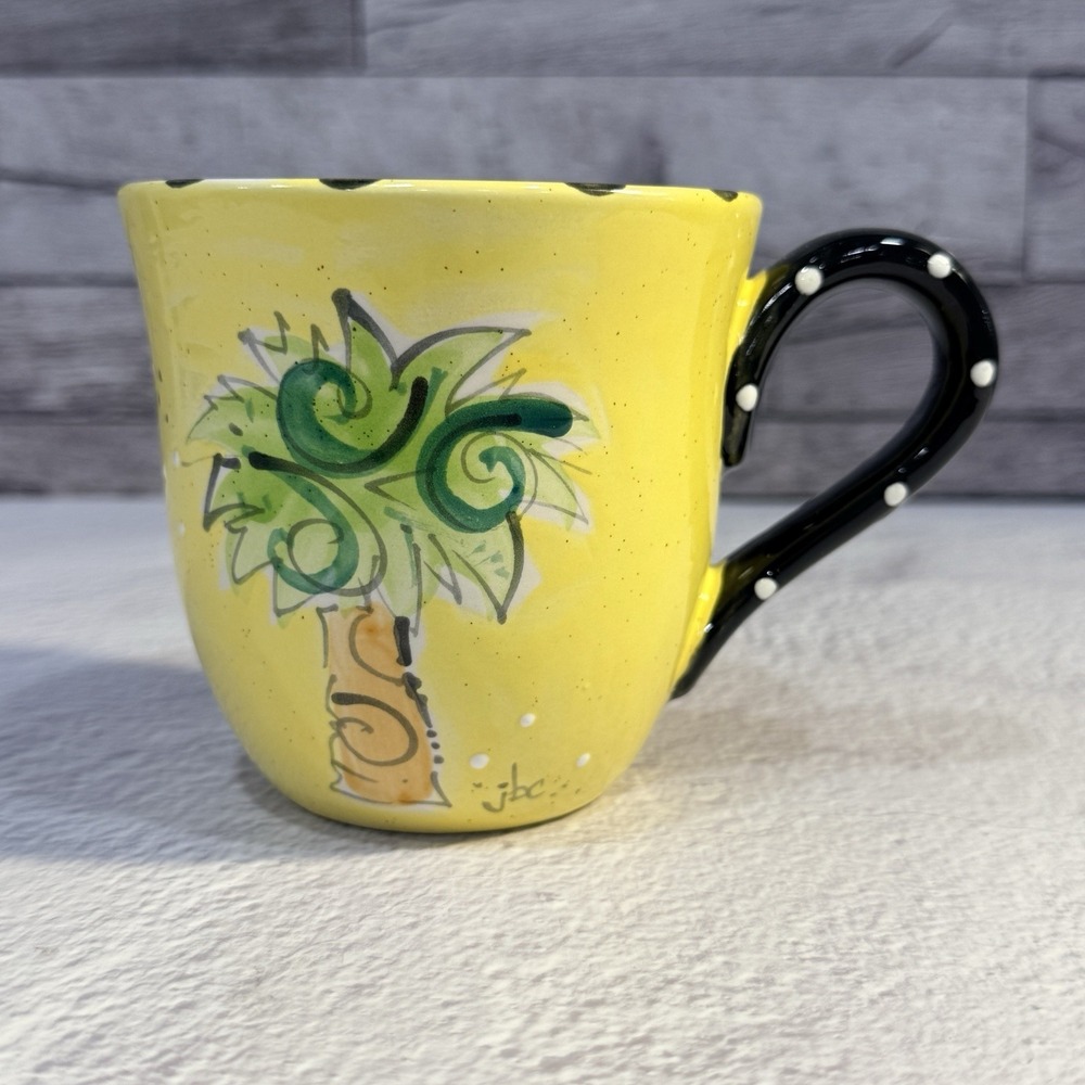Ceramic Art Coffee Mug Yellow Palm Tree Beach Theme Signed Polka Dot Handle Cup‎